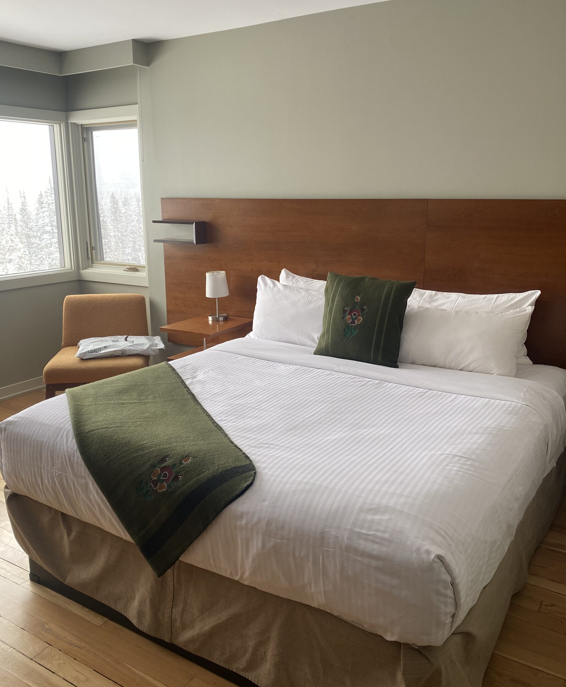 Olive embroidered pillow and throw on a bed, a snowy stand of spruce outside the window.