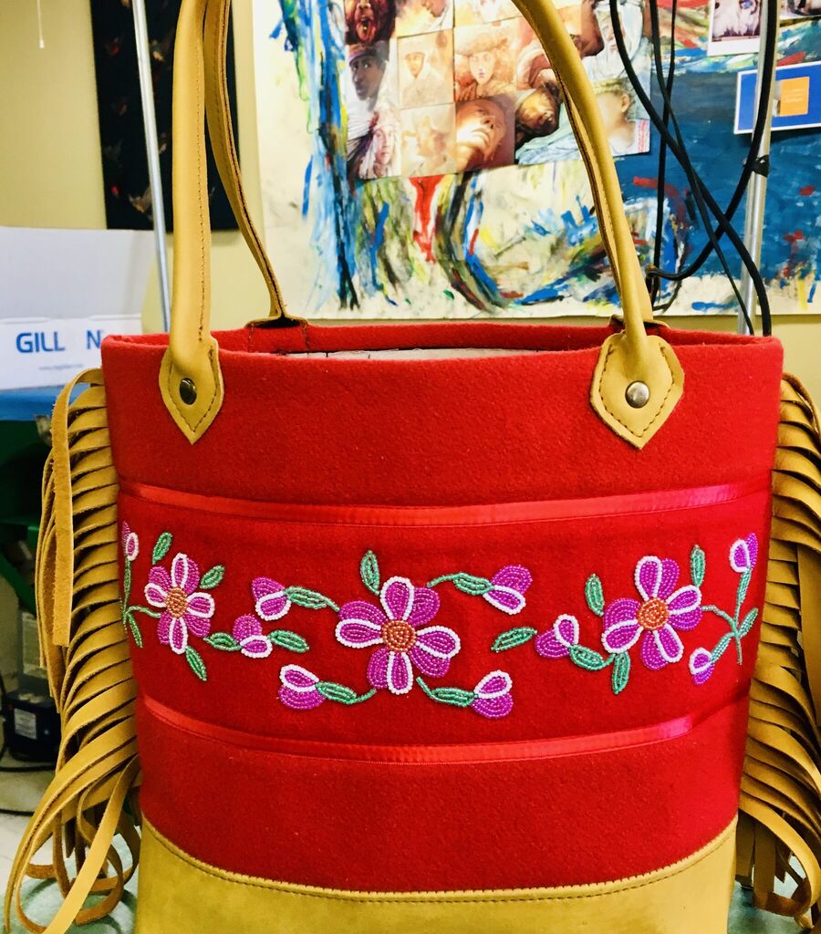 Red felt tote with beaded roses
